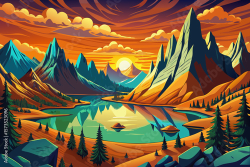 Beautiful fairy-tale mountain lake vector Lake Fusine in Alps, calm crystal-clear water, scenic alpine peaks, tranquil nature, magical landscape, peaceful travel destination, serene outdoor view