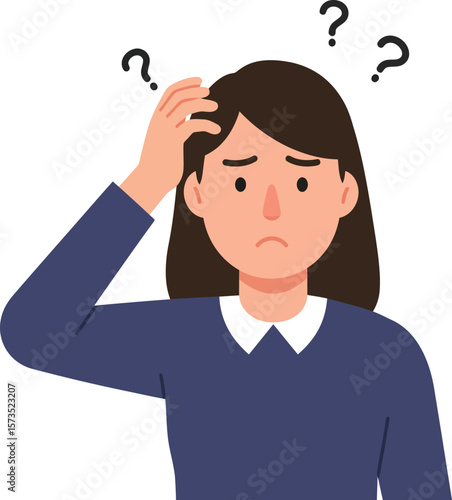 Confused woman scratching head with question marks vector illustration expressing uncertainty and doubt 