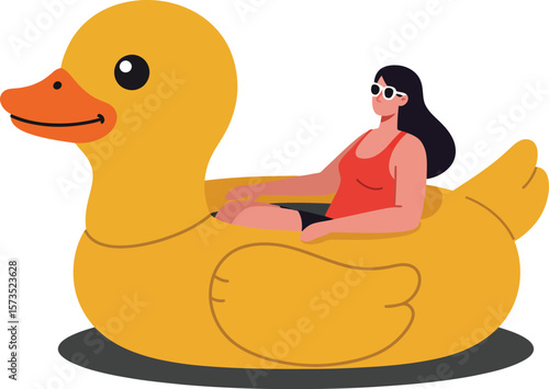 Woman Relaxing on Large Yellow Rubber Duck Pool Float Illustration Vector Art 