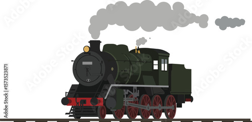 Vintage steam locomotive train with smoke on railway tracks vector illustration in flat design style 