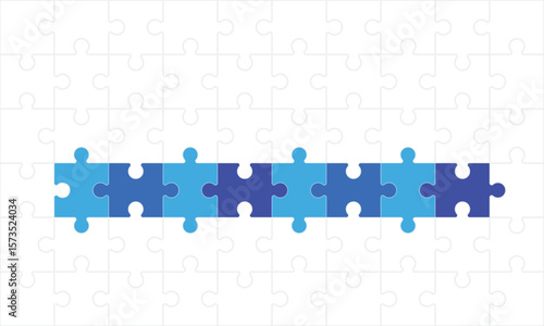 Puzzle style timeline concept of eight dependent components or parts of business project. 8 steps infographic template.