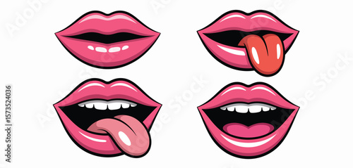 Set of Pop Art Style Lips with Different Expressions