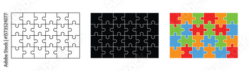 Jigsaw puzzle set with many colorful pieces. Different puzzle pieces shapes. Vector illustration.