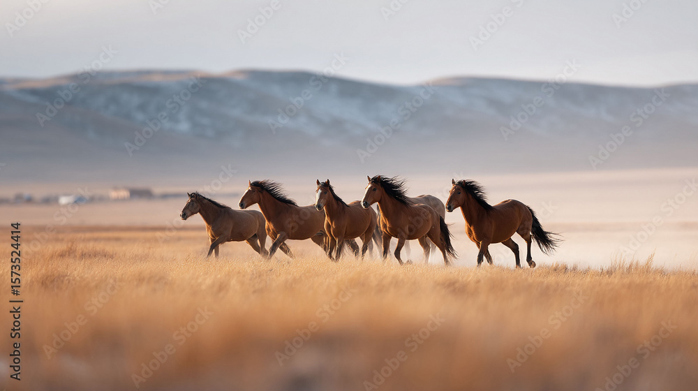 Fototapeta premium Wild horses gallop freely across a golden prairie, embodying freedom and strength. Evokes untamed nature, adventure, power, and the spirit of the American West.