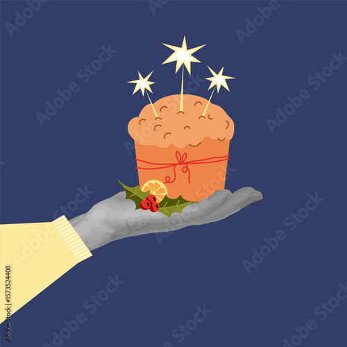 Festive Italian panettone cake with sparklers and holiday decorations.Perfect for Christmas and New Year greeting cards, bakery promotions, winter festive designs, and seasonal posters.