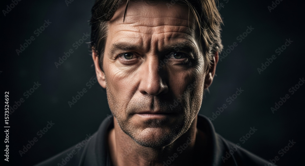 Intense close-up portrait of a serious middle-aged Caucasian man with weathered skin and wrinkles under dramatic low key studio lighting.
Intense close-up portrait of a serious middle-aged Caucasian man with weathered skin and wrinkles under dramatic low key studio lighting.