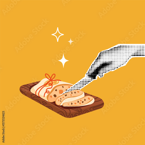Stollen cake being sliced on a wooden board with a stylized dotted hand and sparkles on yellow background. Perfect for festive packaging, holiday menus, greeting cards, and seasonal promotions.