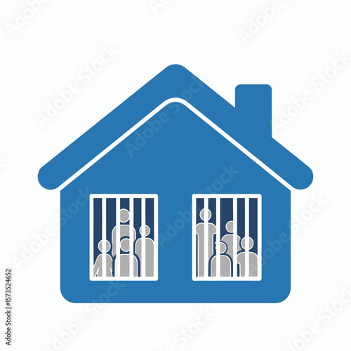 A blue house icon with people behind bars in the windows representing a lockdown or quarantine