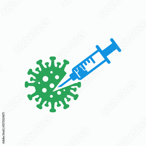 A blue syringe injecting a green coronavirus icon on a white background