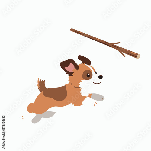 A brown and white puppy with floppy ears leaps to catch a stick against a white background
