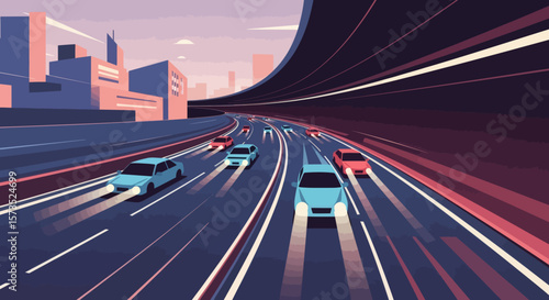 A busy highway with cars driving at twilight with a city skyline in the background and a large overpass