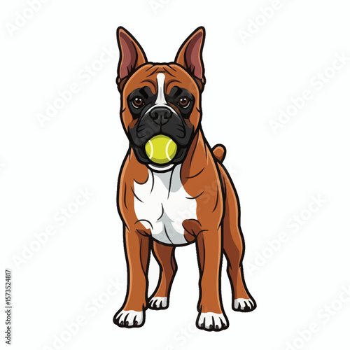 A cartoon illustration of a fawn boxer dog with cropped ears holding a yellow tennis ball in its mouth
