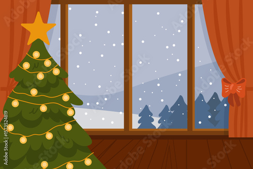 Cozy festive interior with a decorated Christmas tree next to a large window overlooking a snowy landscape with pine trees. For winter holiday designs, greeting cards, banners, seasonal backgrounds.