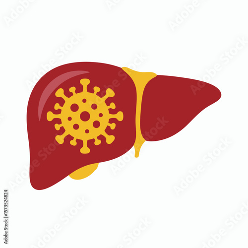A cartoon illustration of a human liver with a virus icon representing liver disease or infection