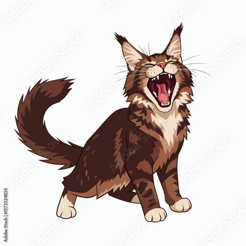 A cartoon Maine Coon cat with brown tabby fur yawning widely with its eyes closed