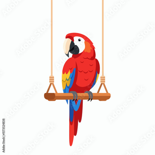 A cartoon scarlet macaw parrot perched on a wooden swing