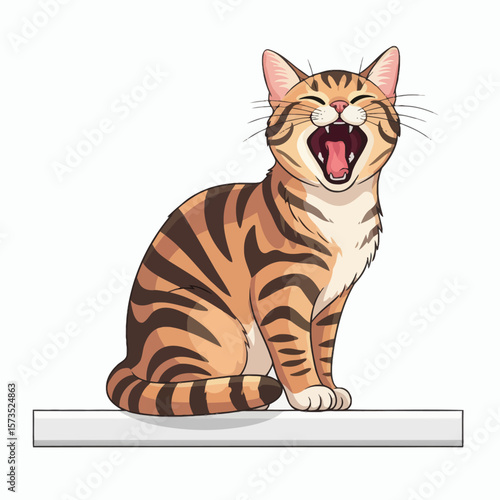A cartoon tabby cat sitting on a white ledge and yawning with its mouth wide open