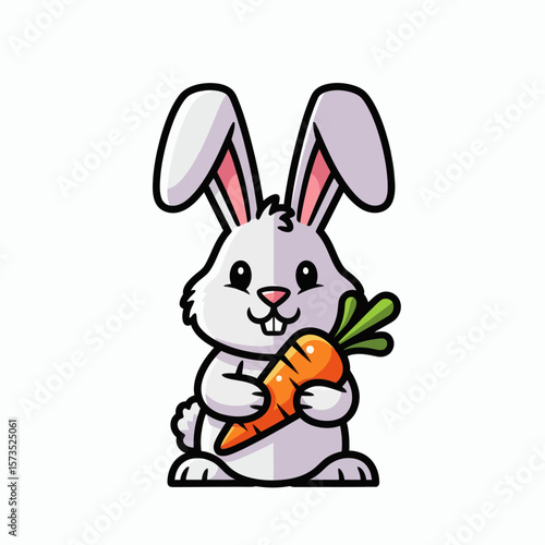 A cute cartoon rabbit with long ears and buck teeth holding a large orange carrot