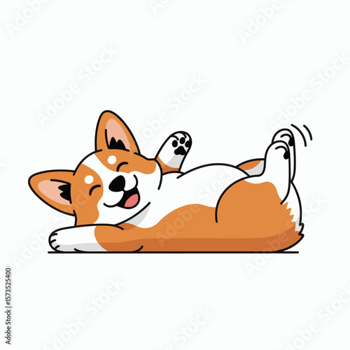 A happy cartoon corgi dog lies on its back playfully wagging its tail and kicking its paws in the air