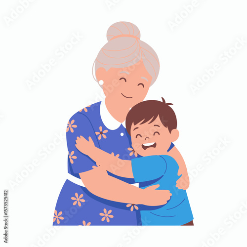A happy grandmother in a blue floral dress warmly embracing her smiling grandson