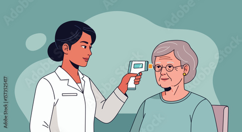 A healthcare professional takes an elderly womans temperature with an infrared thermometer