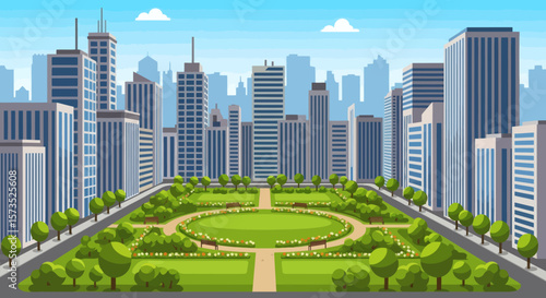 A large green city park with symmetrical pathways and flowerbeds surrounded by a modern cityscape with numerous skyscrapers