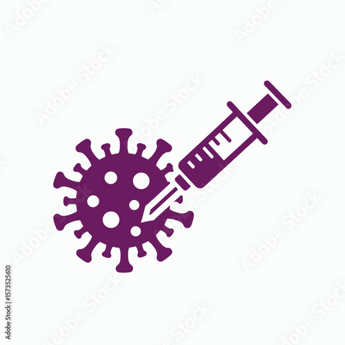 A purple graphic of a syringe injecting a coronavirus particle