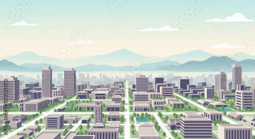 A sprawling cityscape viewed from above featuring a grid of streets numerous buildings and mountains on the horizon