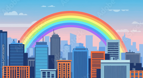 A stylized illustration of a city skyline with a large rainbow arching over the buildings