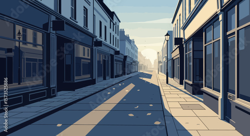 A stylized illustration of a quiet empty street lined with shops with long shadows cast by the sun
