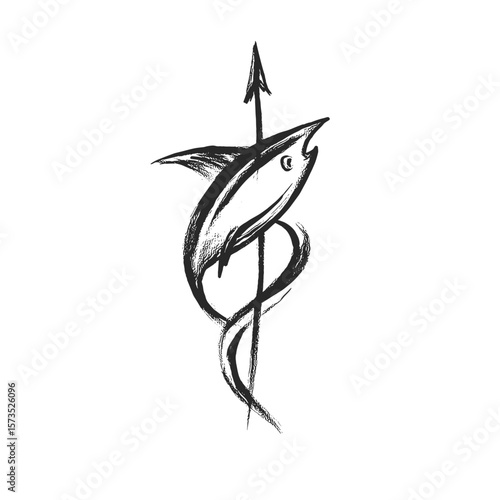 Speared Fish Line Icon, Hand-Drawn Sketch, Transparent Background
