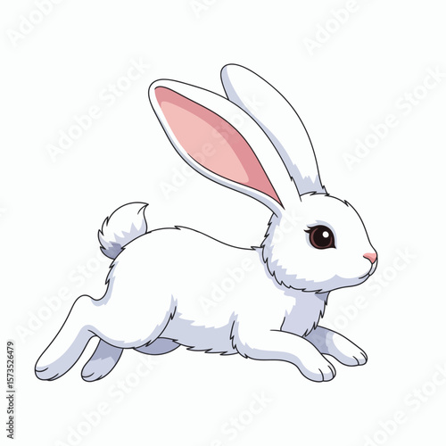 A white cartoon rabbit with long pink ears and a fluffy tail in a running pose on a white background