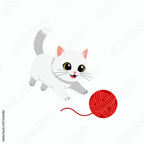 A white cartoon kitten pounces towards a red ball of yarn on a white background