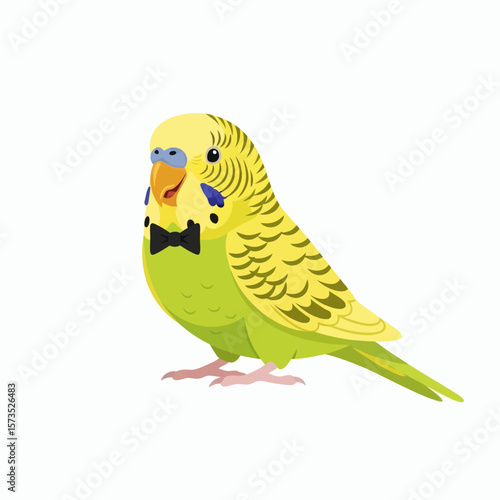 A yellow and green budgerigar wearing a black bow tie