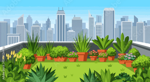 A vibrant rooftop garden with various potted plants against a backdrop of a modern city skyline