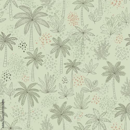 Seamless Tropical Doodle Pattern - Hand-Drawn Palms & Plants - Pastel Green & Earth Tones - Minimalist Textile & Wallpaper Design