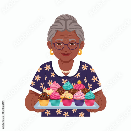 An elderly Black woman with gray hair and glasses holding a tray of colorful cupcakes