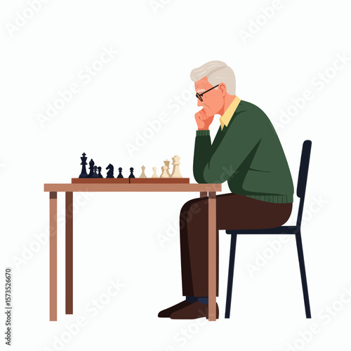 An elderly man in a green sweater and glasses sits at a table contemplating a chess game