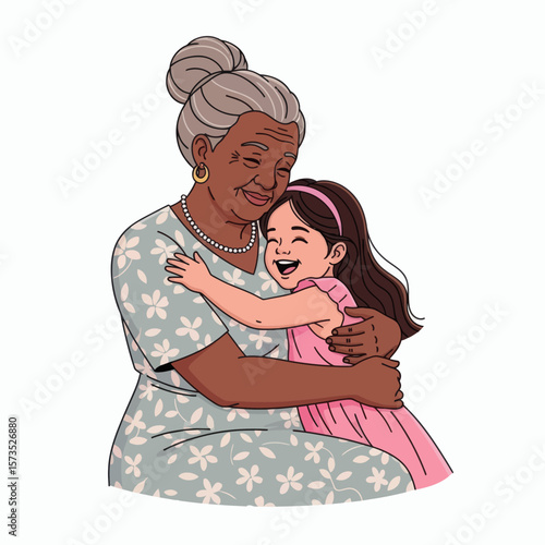 An elderly woman with dark skin and gray hair hugging a happy young girl