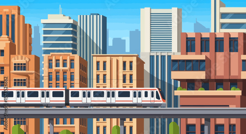 An elevated train travels through a modern city with skyscrapers under a clear blue sky