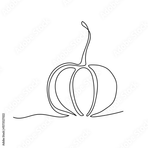 Minimalistic single line art illustration of a pumpkin in black on white background. For autumn-themed prints, posters, fabric, packaging, greeting cards, kitchen decor and scrapbooking projects.