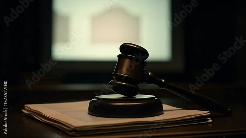 Justice on the Desk: A powerful gavel resting atop a stack of documents, symbolizing the weight of legal proceedings, against a dimly lit court background. 