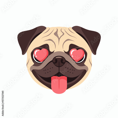 Cartoon pugs face with heartshaped eyes a wide smile and its tongue sticking out