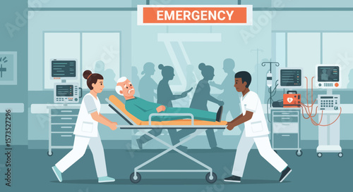 Medical team rushing an elderly patient on a gurney through a busy hospital emergency room
