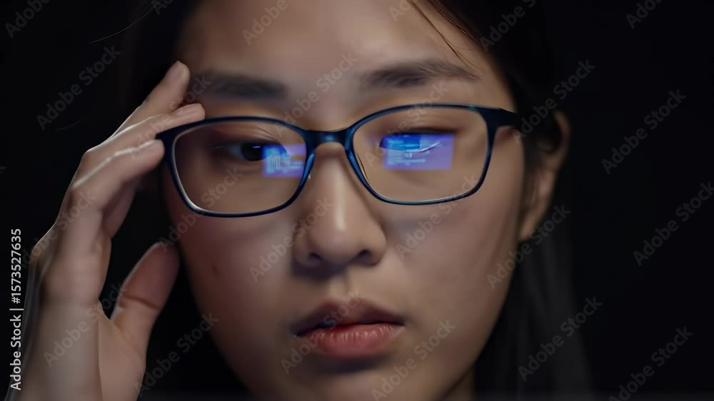 Woman Software Developer Coding Reflecting in Glasses, Indoor Night Setting Woman Software Developer Coding Reflecting in Glasses, Indoor Night Setting