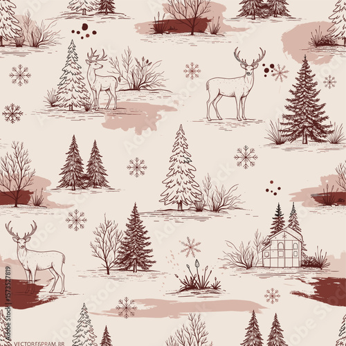 Seamless Winter Toile Pattern - Deer, Pine Trees & Snowflakes - Cranberry & Burlap Hand-Drawn Line Art - Textile Design