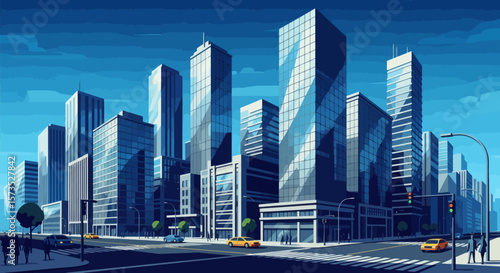 Stylized cityscape with towering skyscrapers streets cars and pedestrians under a blue sky