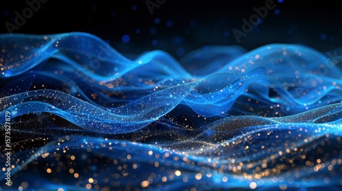 Flowing layers of blue energy with golden particles against black, creating dynamic depth