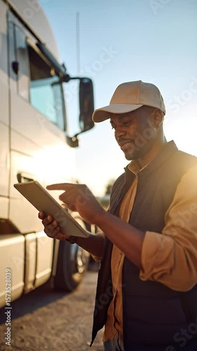Trucker checks his tablet