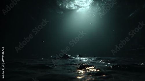 Dark underwater cave, light beam, ocean waves
